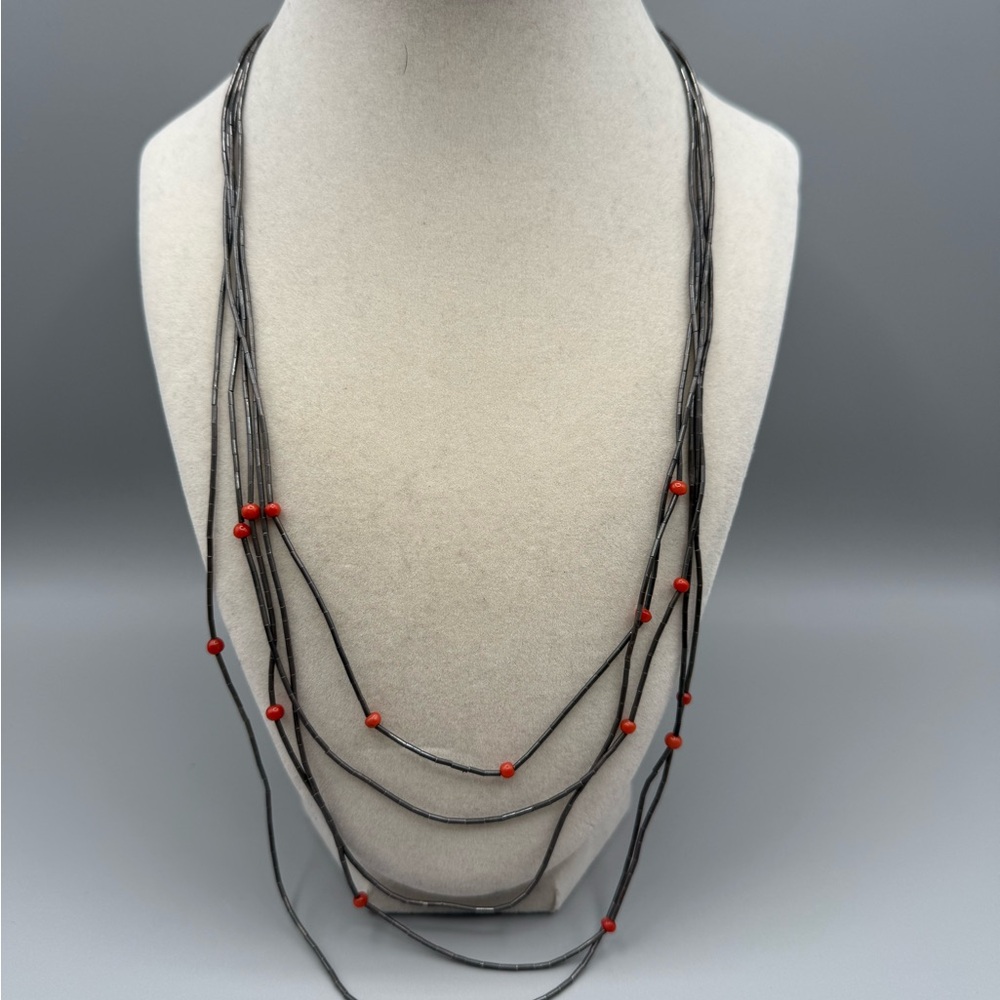 Coral beaded liquid silver native made Neckalce
